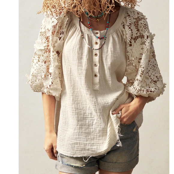Boho Cotton Floral Embroidered Semi Sheer Puff Sleeve Blouse - Picture 7 of 8